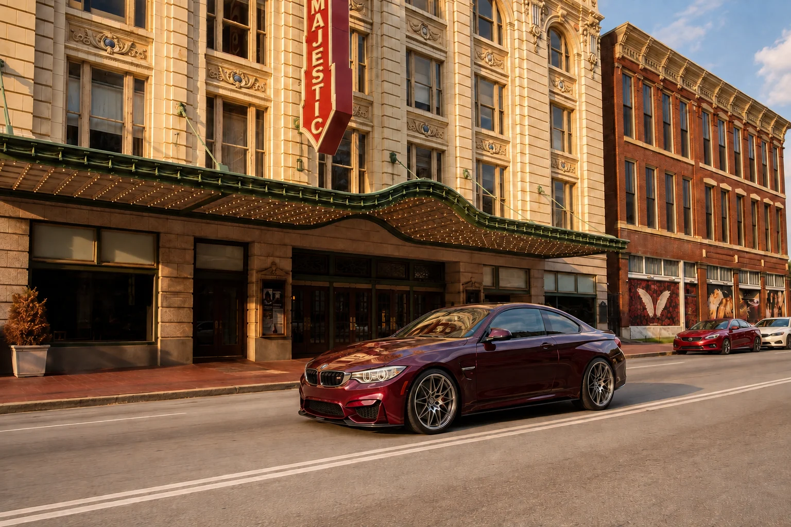 Burgundy BMW coupe in front of Dallas's Majestic Theatre.