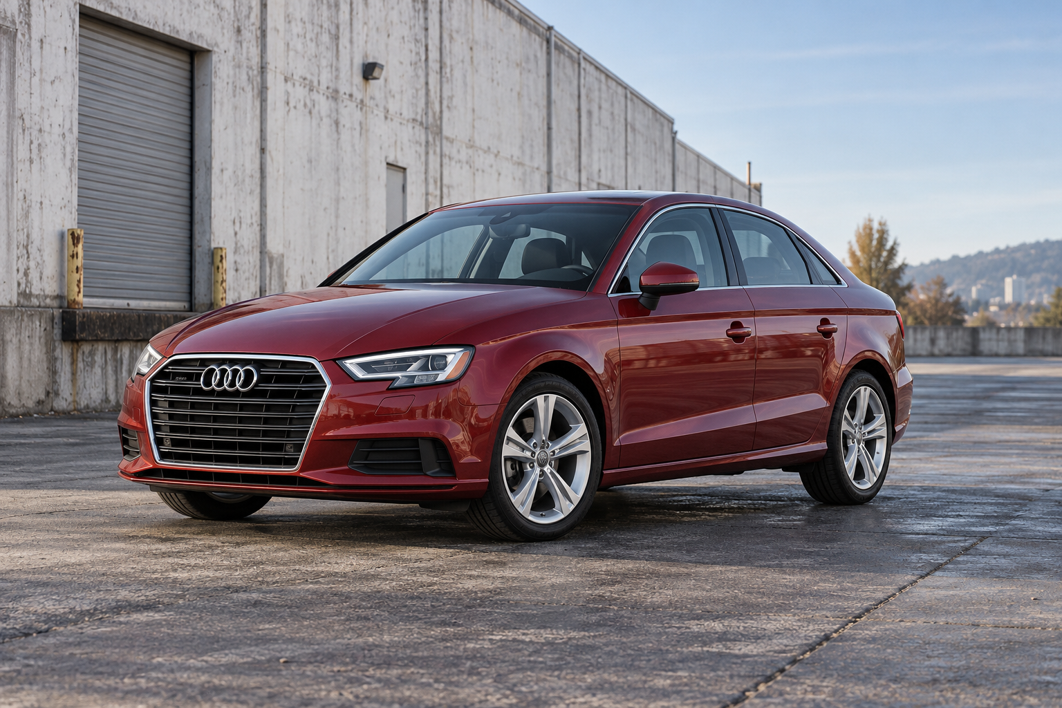 Illustrative red Audi A3 8V sedan beside a concrete warehouse