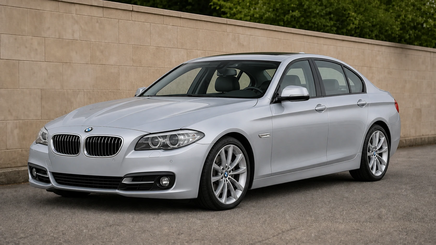 Silver F10 BMW 5 Series sedan beside a limestone wall