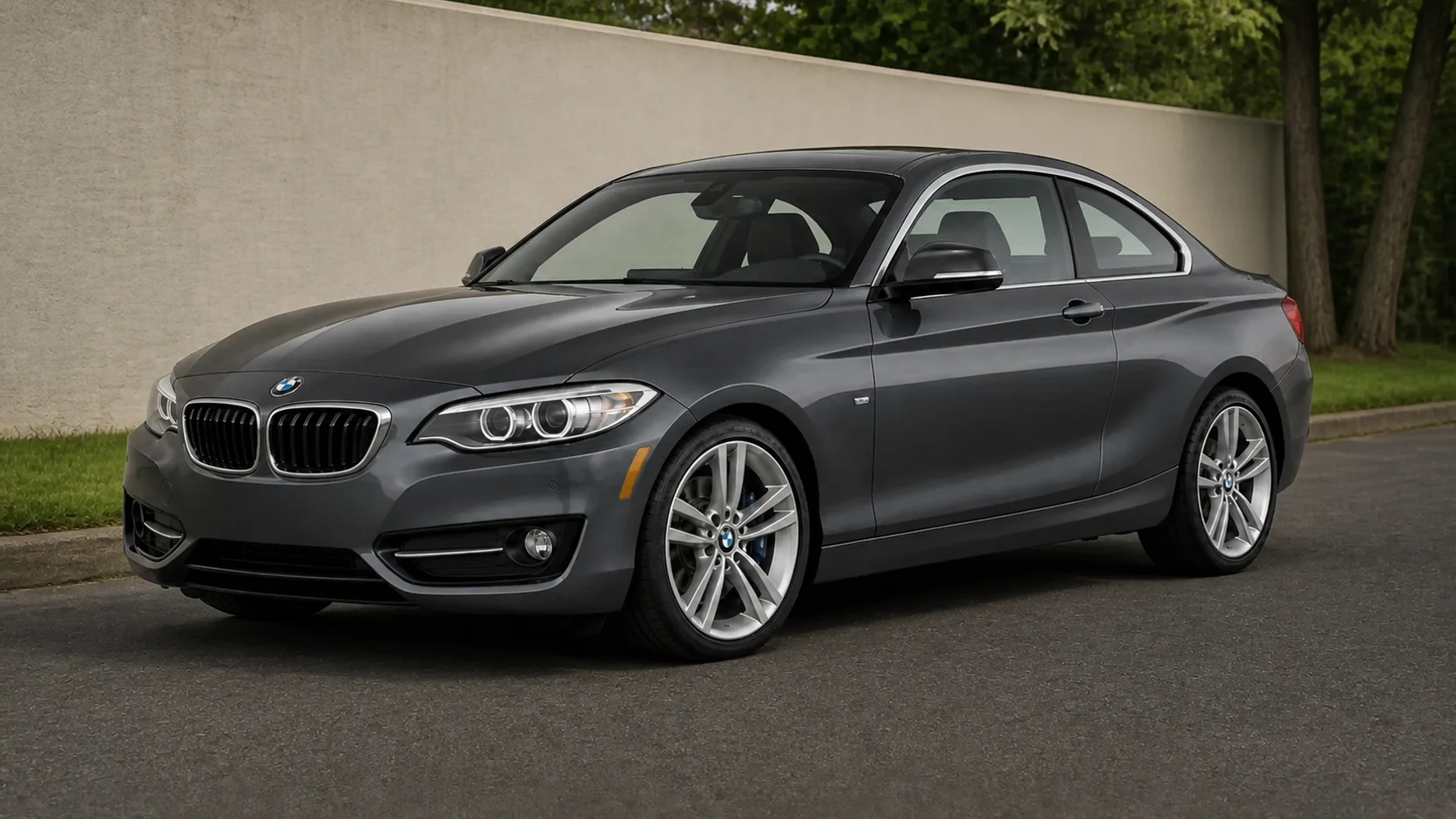 Dark gray F22 BMW 2 Series coupe beside a rendered masonry wall