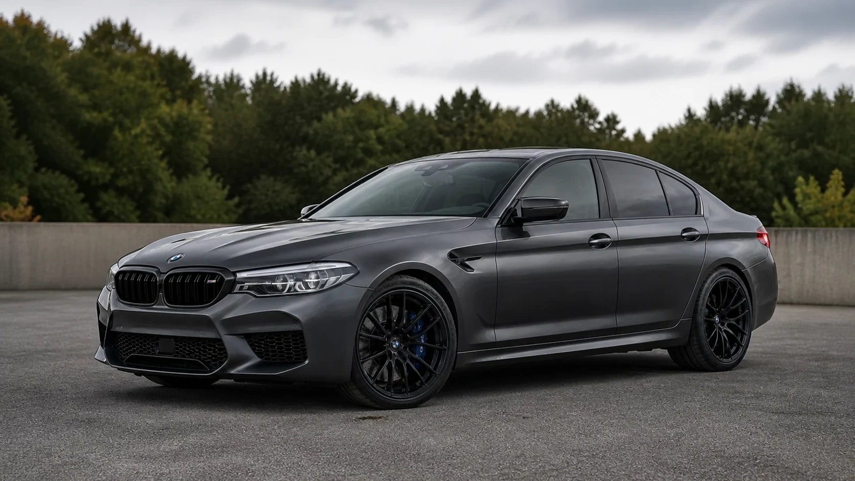 Dark F90 BMW M5 sedan parked beside a locality-neutral concrete wall