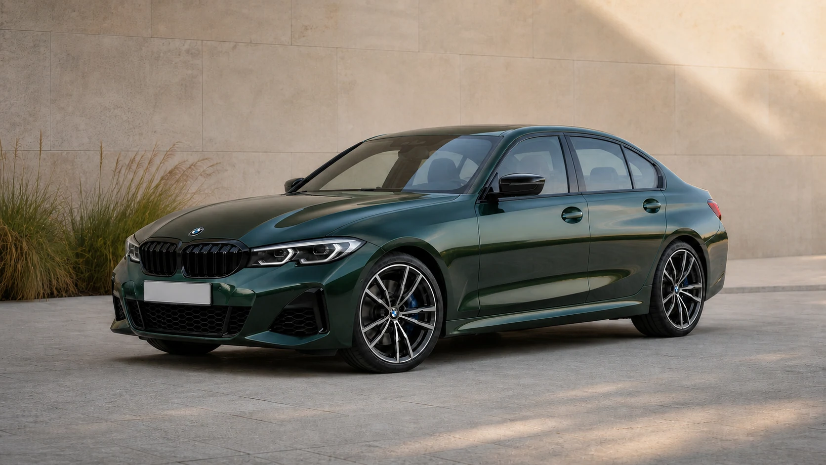 Dark green pre-LCI G20 BMW sedan beside a pale limestone courtyard wall