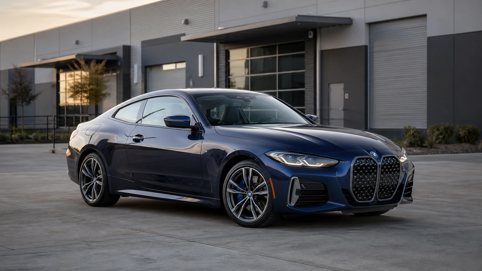 Blue G22 BMW M440i coupe outside an industrial building