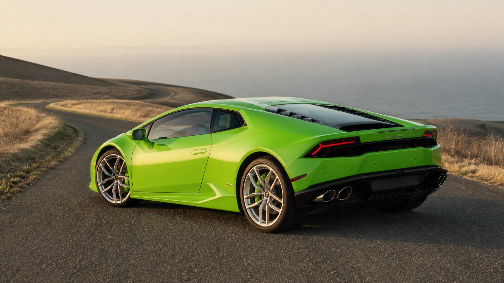 Green pre-facelift Lamborghini Huracan in a rear three-quarter view above the coast