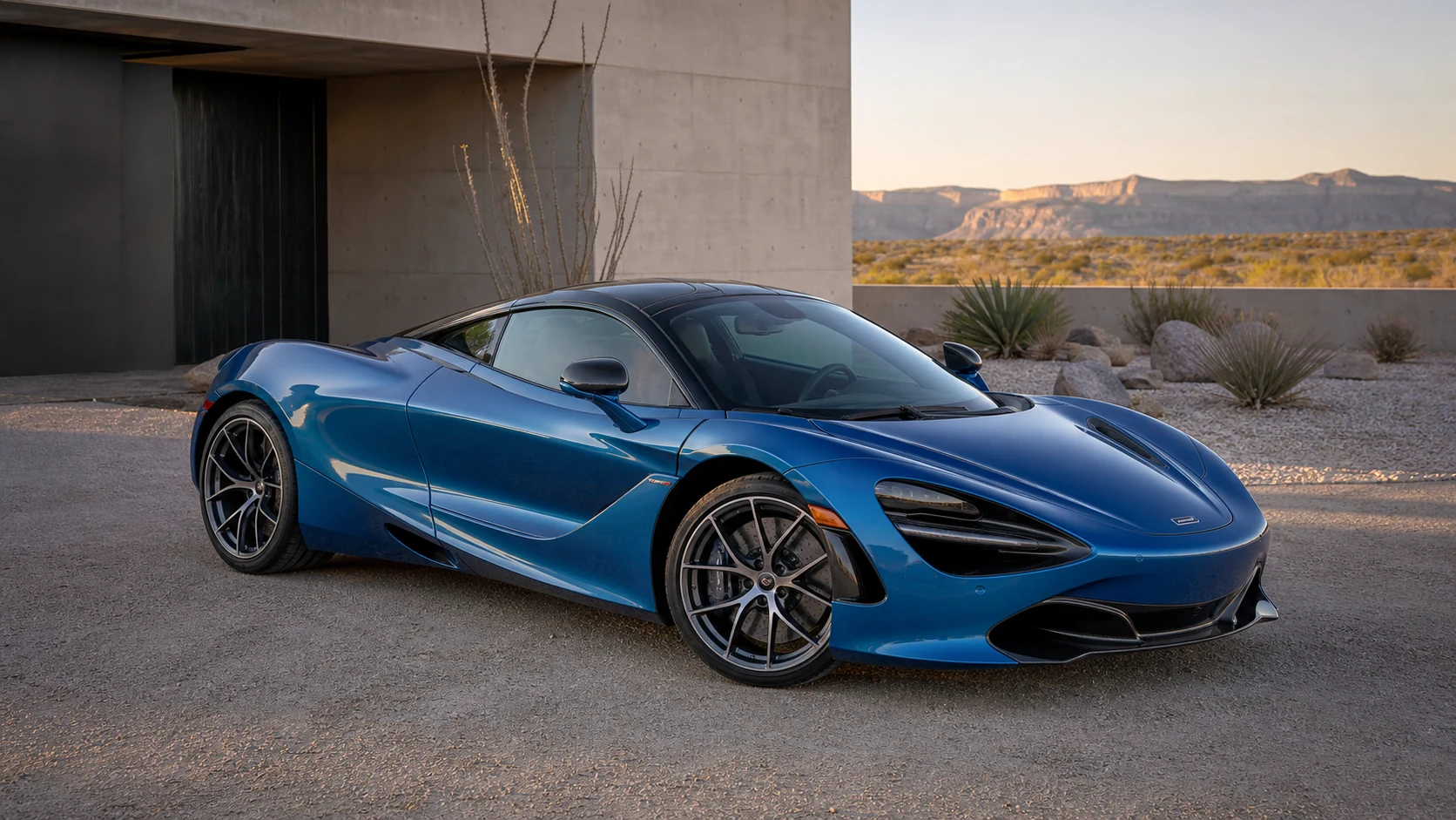 Blue McLaren 720S beside a raw-concrete desert residence