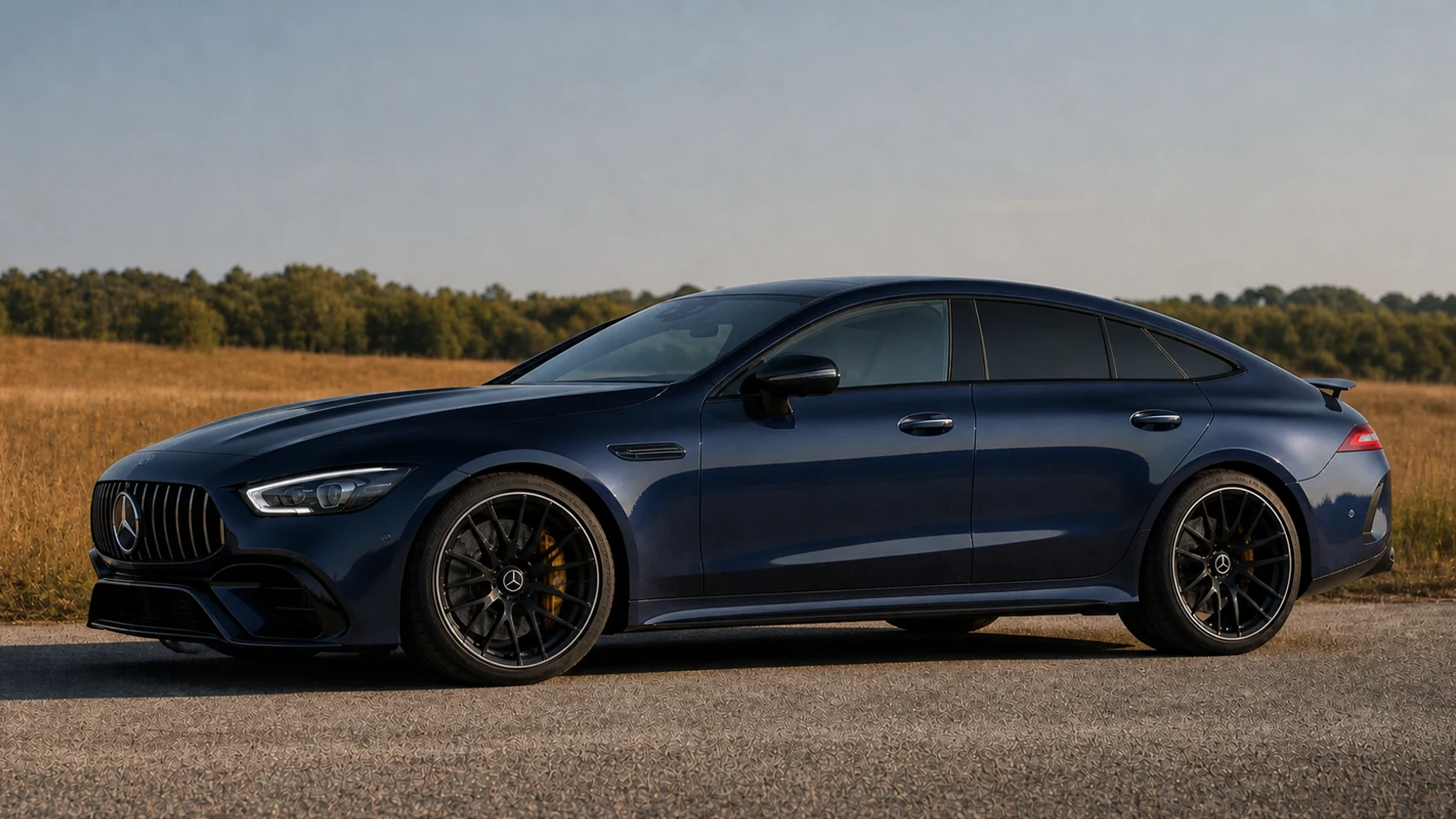 Dark blue Mercedes-AMG GT 4-Door in a low side-biased view beside a sunlit field