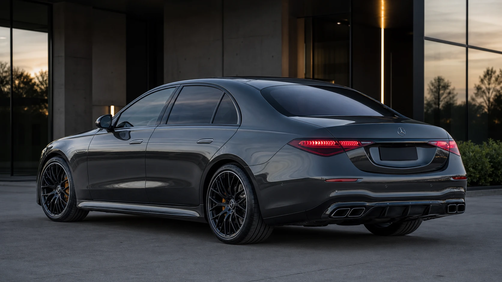 Graphite W223 Mercedes-AMG S63 outside a modern concrete building